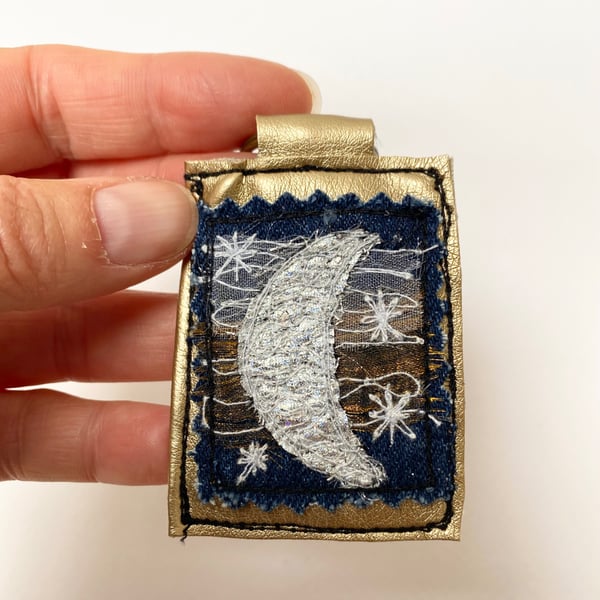 Up-cycled golden denim crescent moon key ring or bag charm.