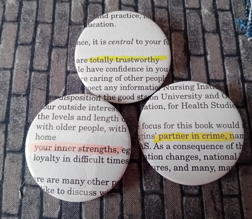 Upcycled Word Badge – Positive Words from a Vintage Careers Book