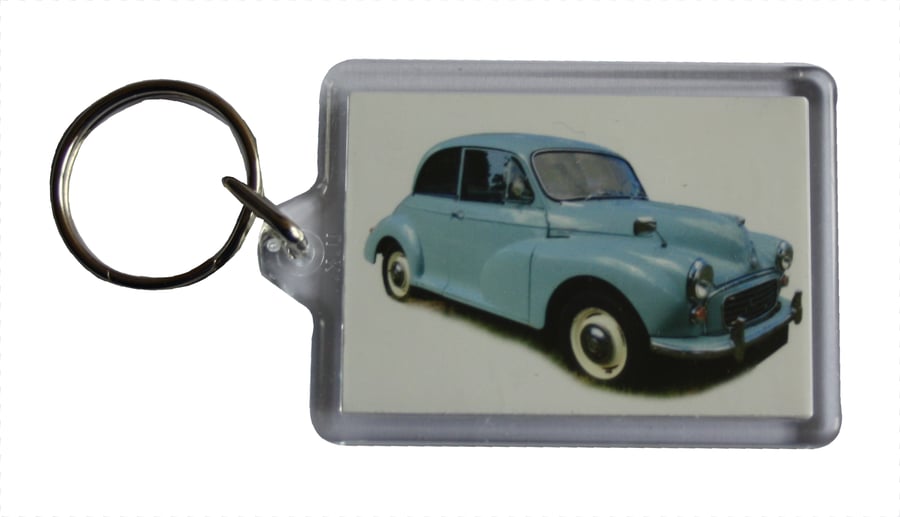 Morris Minor 1000 1962 (Pale Blue) - Keyring with 50x35mm Insert - Car Fan
