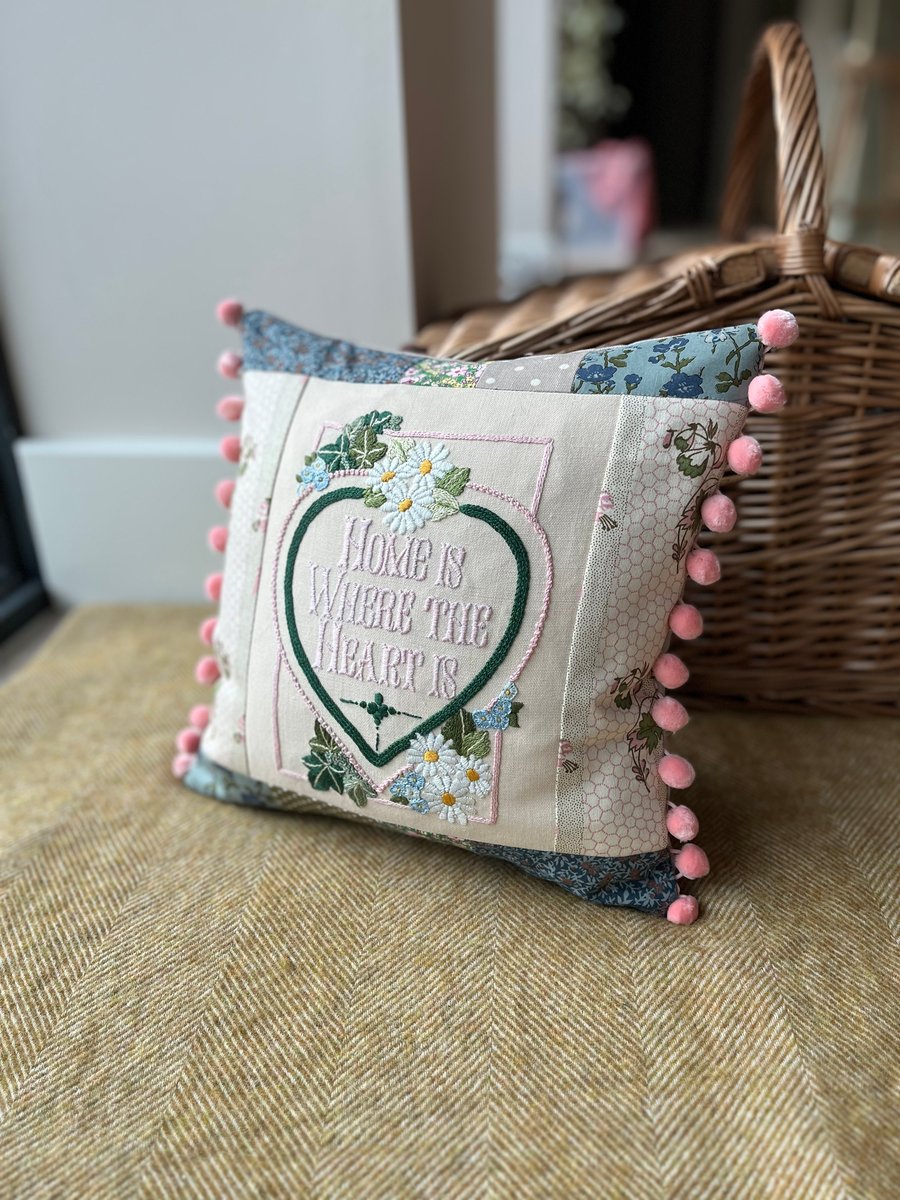 Home is where the heart is - reclaimed embroidery cushion pompoms and patchwork 
