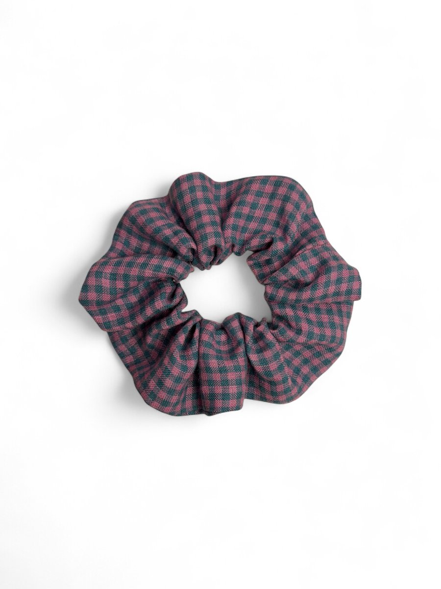 Pink & Green Gingham Linen Scrunchie - Large 