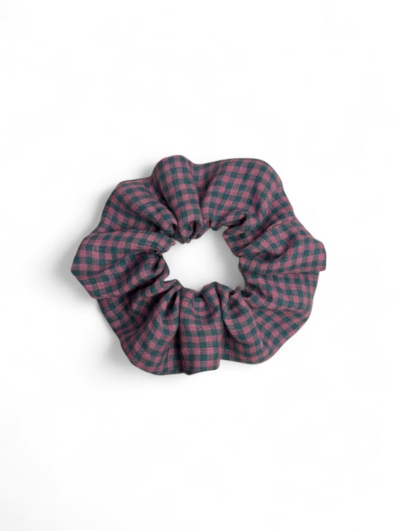Pink & Green Gingham Linen Scrunchie - Large 
