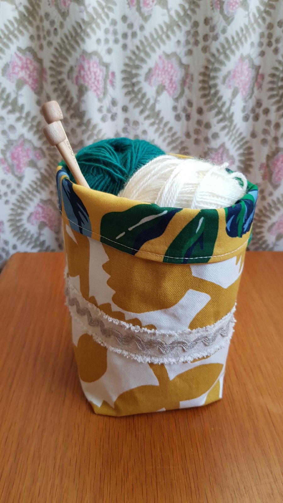 Fabric storage basket: ochre contemporary print with yellow floral lining