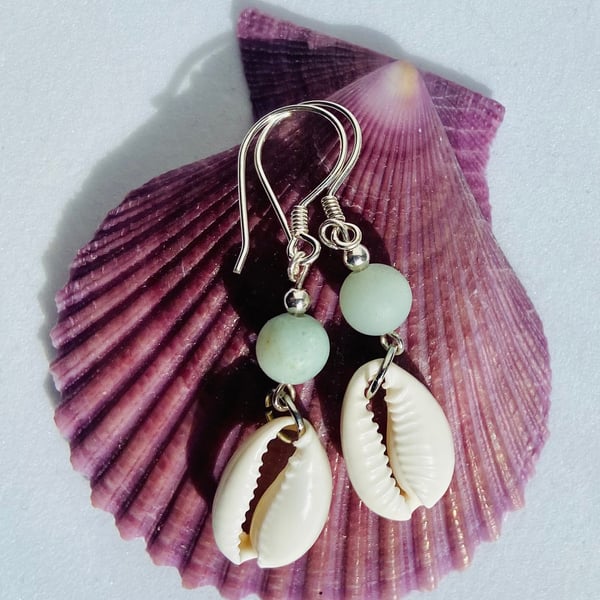 Sterling Silver Fish Hook Earrings with Cowrie Shell & Amazonite Beads