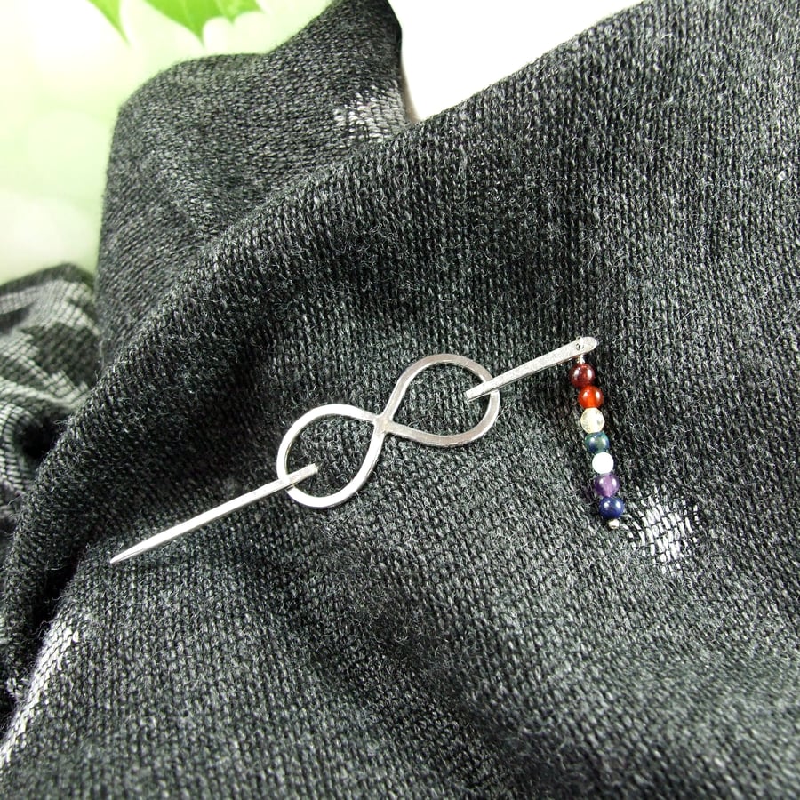 Shawl Pin, Sterling Silver Infinity Knot Celtic Clasp with Rainbow Gemstones
