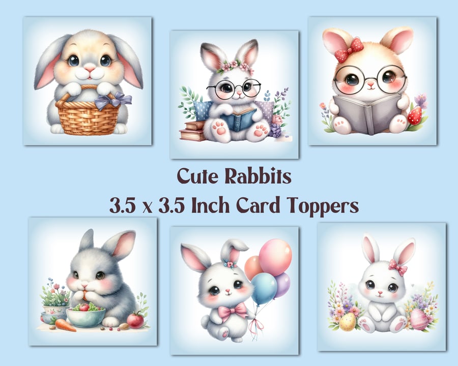 Cute Rabbits Square Card Toppers Card Making, Tags, Scrapbooks
