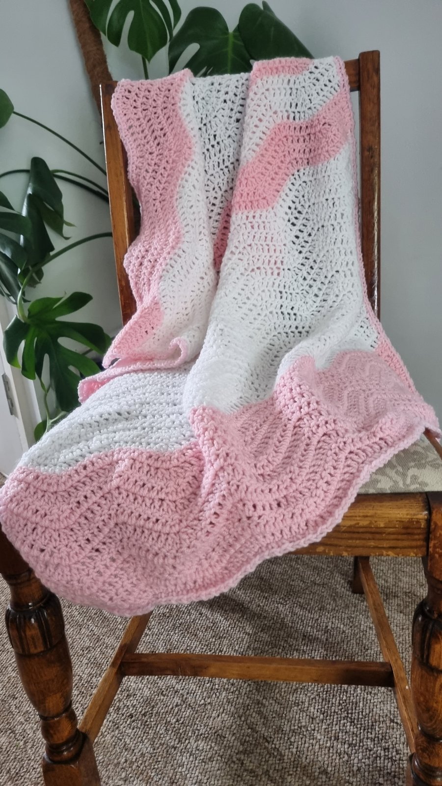 Hand made crochet baby blanket in white & pink thick stripes