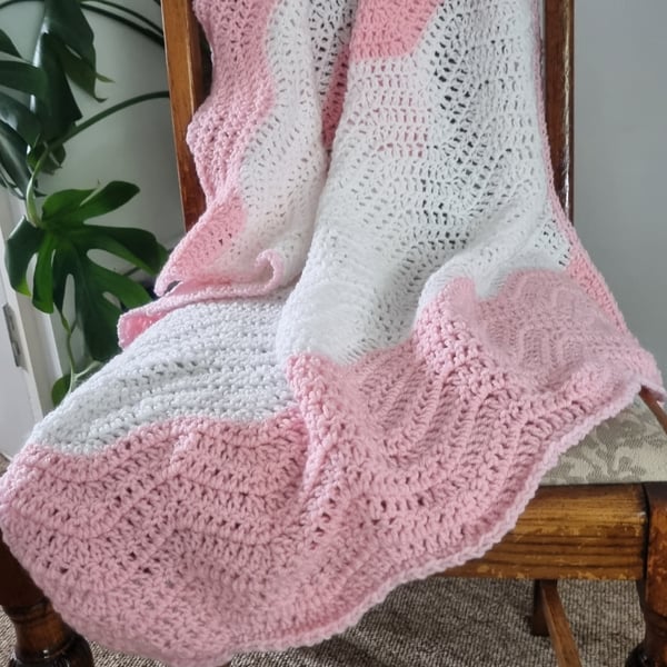 Hand made crochet baby blanket in white & pink thick stripes