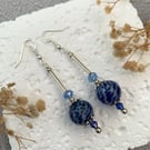 Vintage Style Blue Recycled Bead Silver Drop Earrings