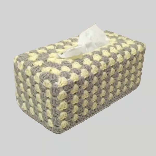 Tissue box cover in yellow (lemon) and grey stripes, crochet cover, handmade