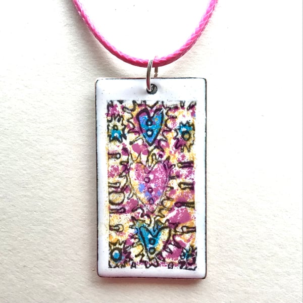 'Three Hearts' Rectangular Pendant in Enamels - 'Perfectly Imperfect'