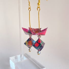 Paper Boat with Diamond Earrings, Origami Earrings, Earrings with Bead