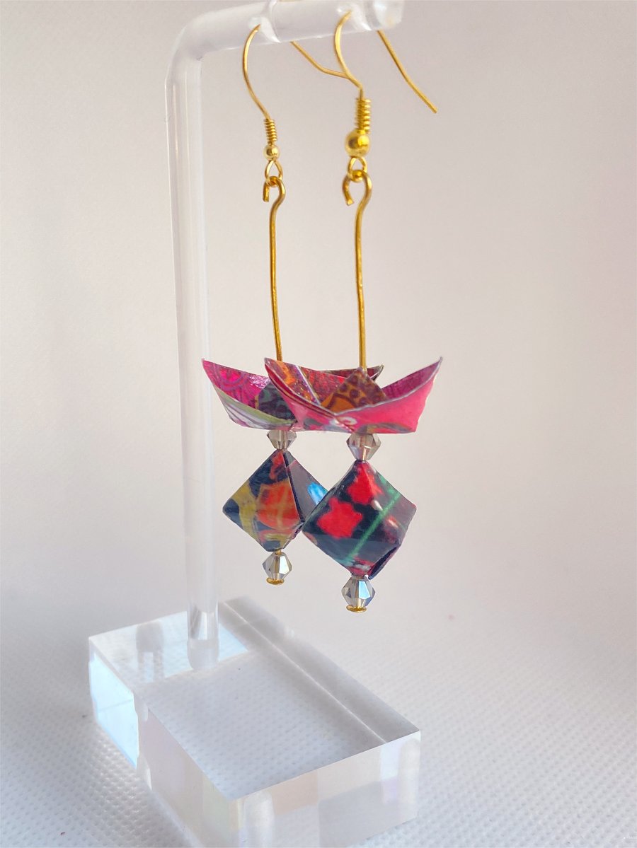Paper Boat with Diamond Earrings, Origami Earrings, Earrings with Bead