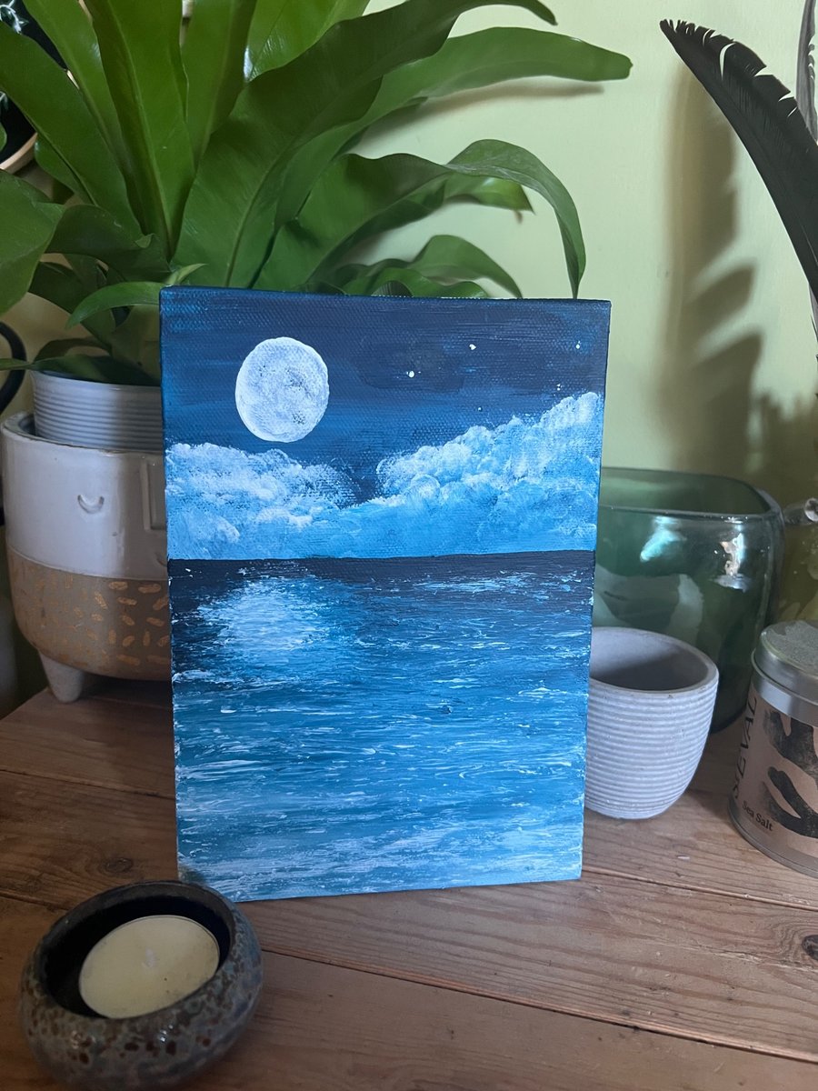 Starry night moonlight seascape ocean finger painting