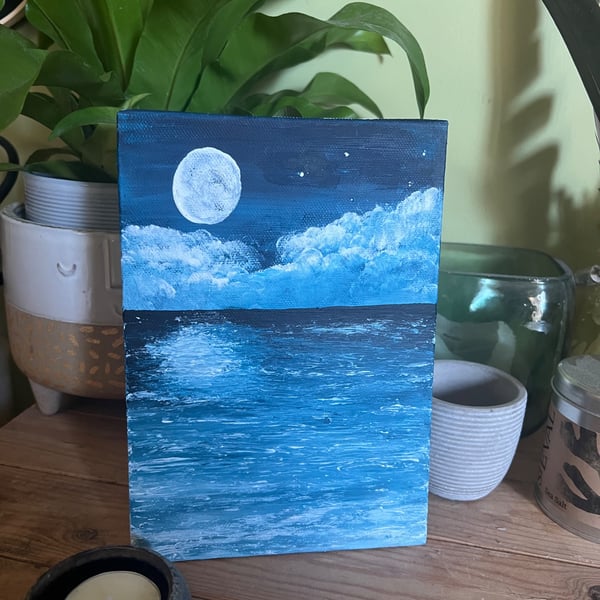 Starry night moonlight seascape ocean finger painting