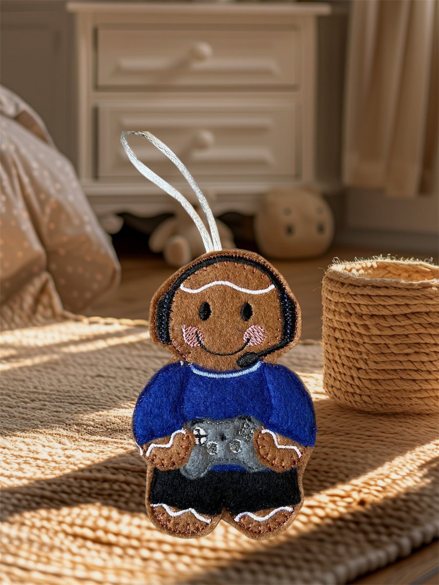 Gamer Gingerbread man Embroidered Hanging Keepsake