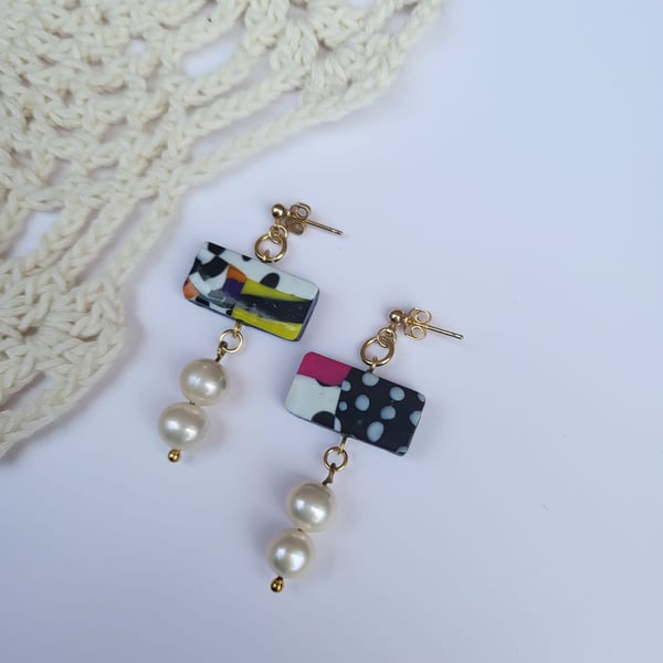 Handmade Abstract Pattern Polymer Clay Earrings - Geometric Art Pearl Dangles