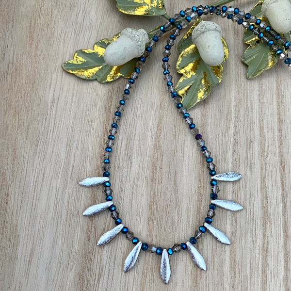 Silver & Blue Art Deco Vintage Style Crystal Necklace