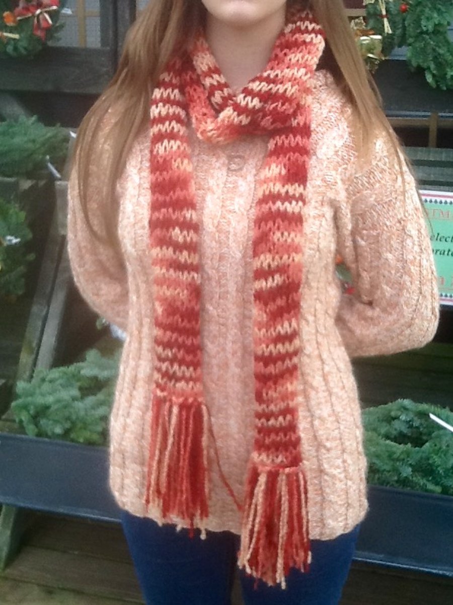 Russet Marble Super Long Knitted Scarf with Fringe.