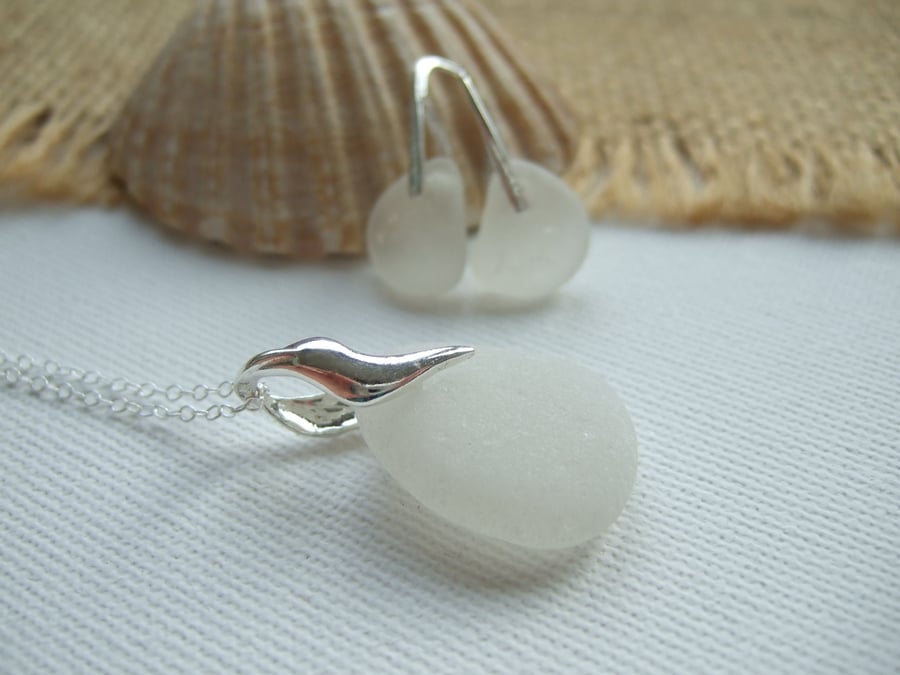 Scottish white sea glass set, wave design sterling, beach glass earrings pendant