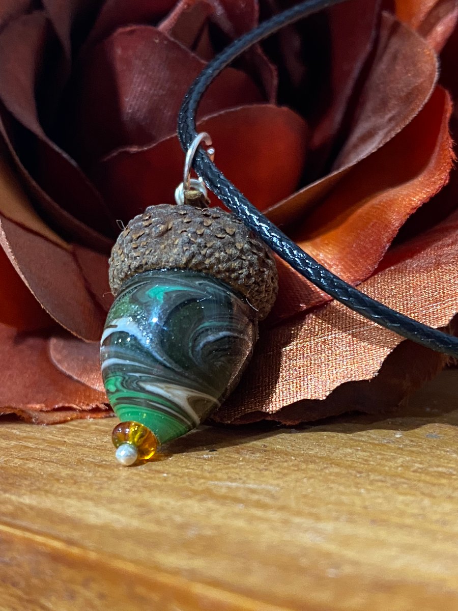 From Tiny Acorns - Green swirl Lamp Work Glass Acorn Pendant