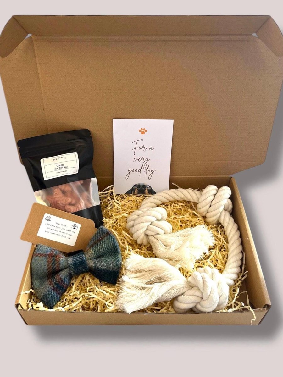 Eco-Friendly Dog Gift Box: Tweed Bow Tie, Rope Toy & Treats