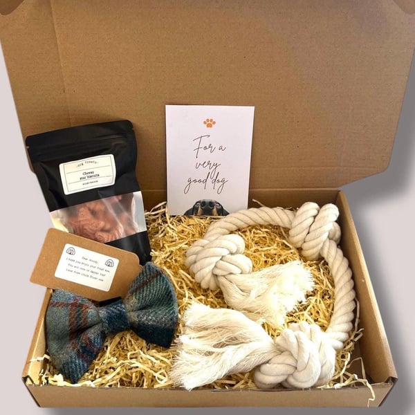 Eco-Friendly Dog Gift Box: Tweed Bow Tie, Rope Toy & Treats