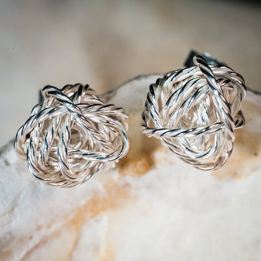 ecosilver hand made wire twist 3D organic sphere earrings 