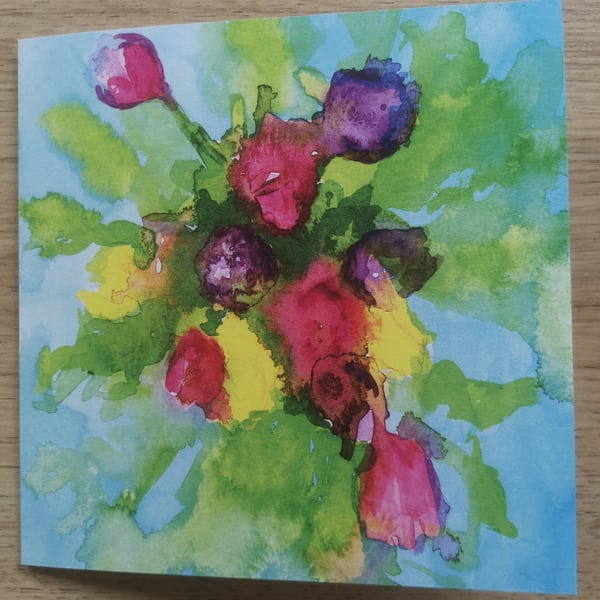 An explosion of tulips greetings card