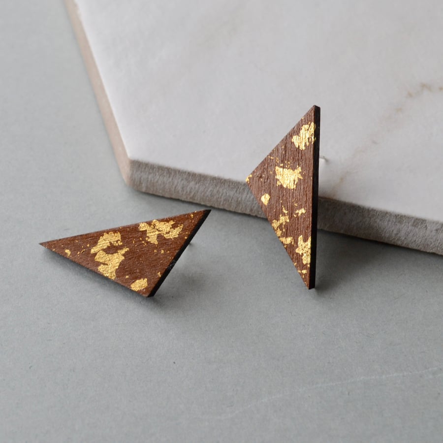 Wooden Triangle Ear Studs with Gold Leaf