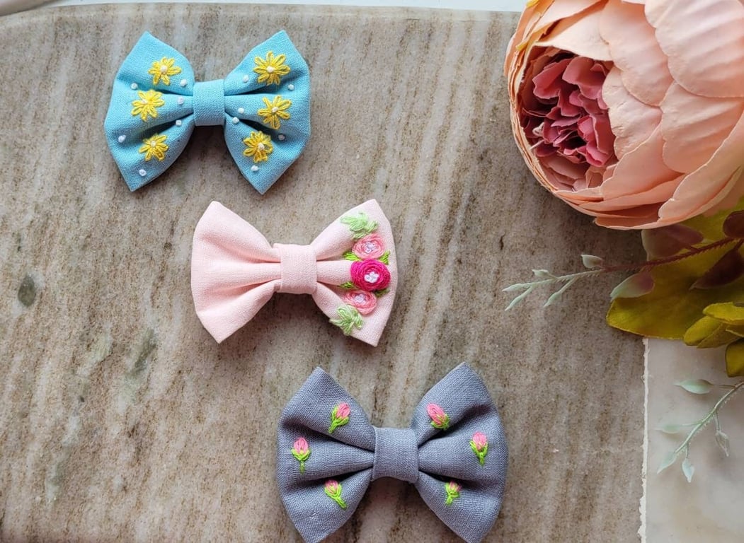 Hand embroidered hair bow clip, toddler, girls gift, blue, pink, grey, floral