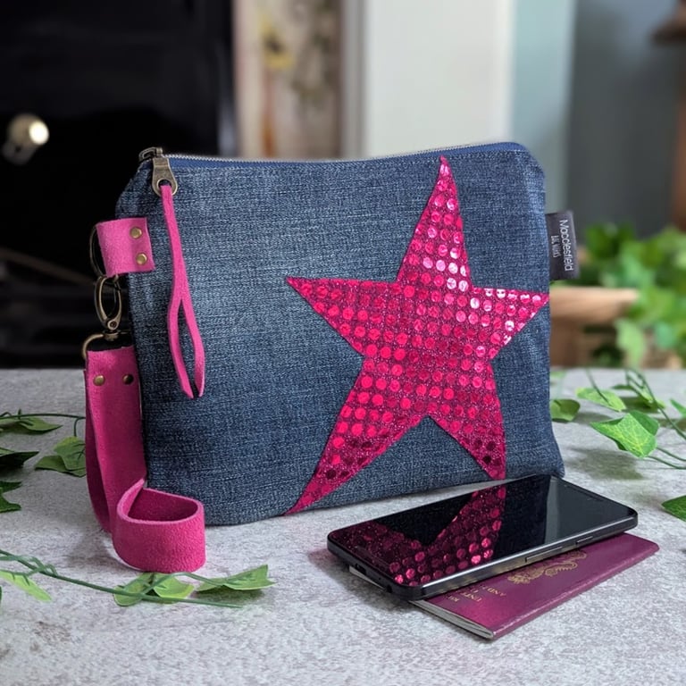 Upcycled Denim Clutch Bag with Pink Sequin Star and Detachable Suede Strap
