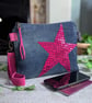 Upcycled Denim Clutch Bag with Pink Sequin Star and Detachable Suede Strap