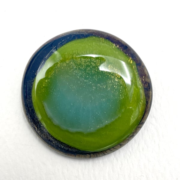 Fused Glass Green Blue Iridescent Brooch