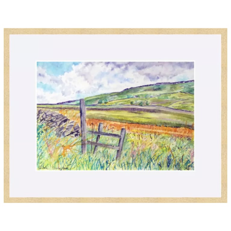 Gate Overlooking Meadow  Watercolour Impressionist Peak District Landscape