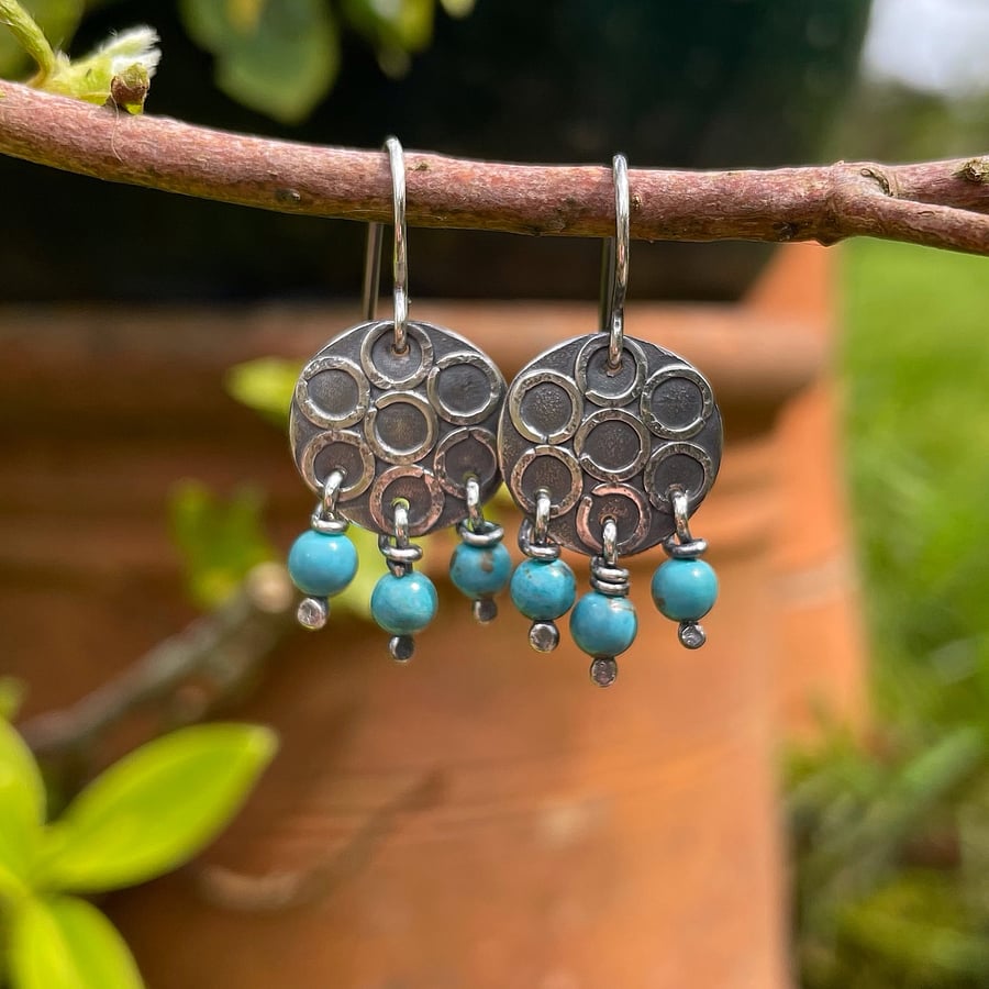 Oxidised silver round flower earrings with turquoise dangles