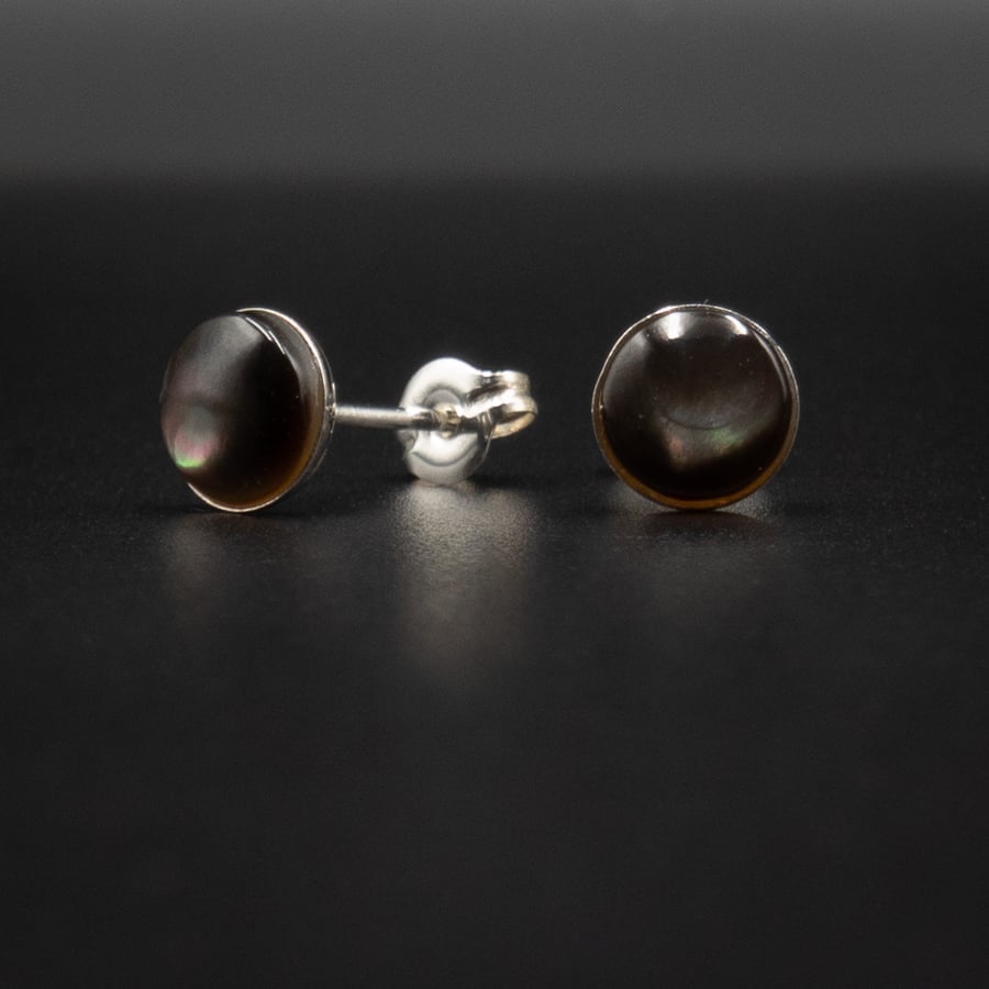 Black lip shell sterling silver stud earrings , shell jewellery