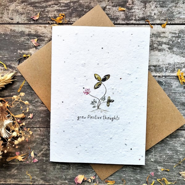 Plantable Seed Paper Card,Grow positive thoughts card,Watercolour flower card,Bi