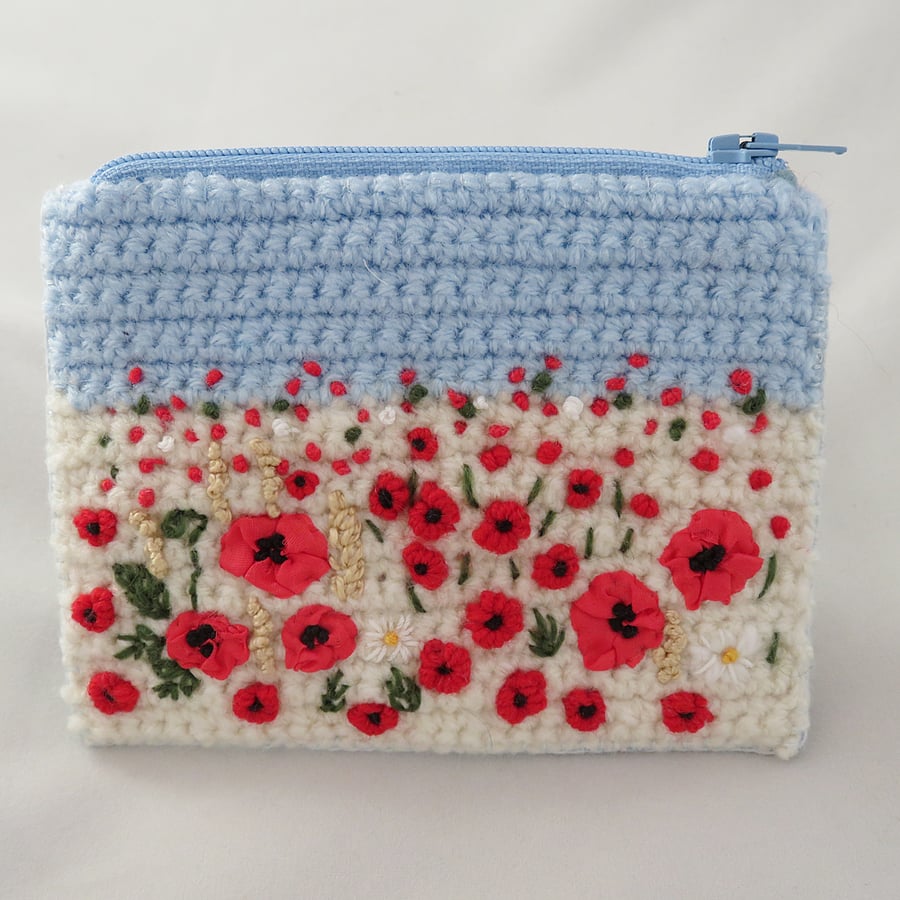 Embroidered Harvest Poppies Zipped Purse 