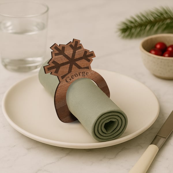 Personalised Wooden Snowflake Napkin Ring: Custom Christmas Name Place Setting