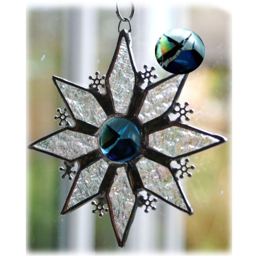 SOLD Sparkly Star Suncatcher Stained Glass Snowflake Teal Sapphire 9.5cm 043