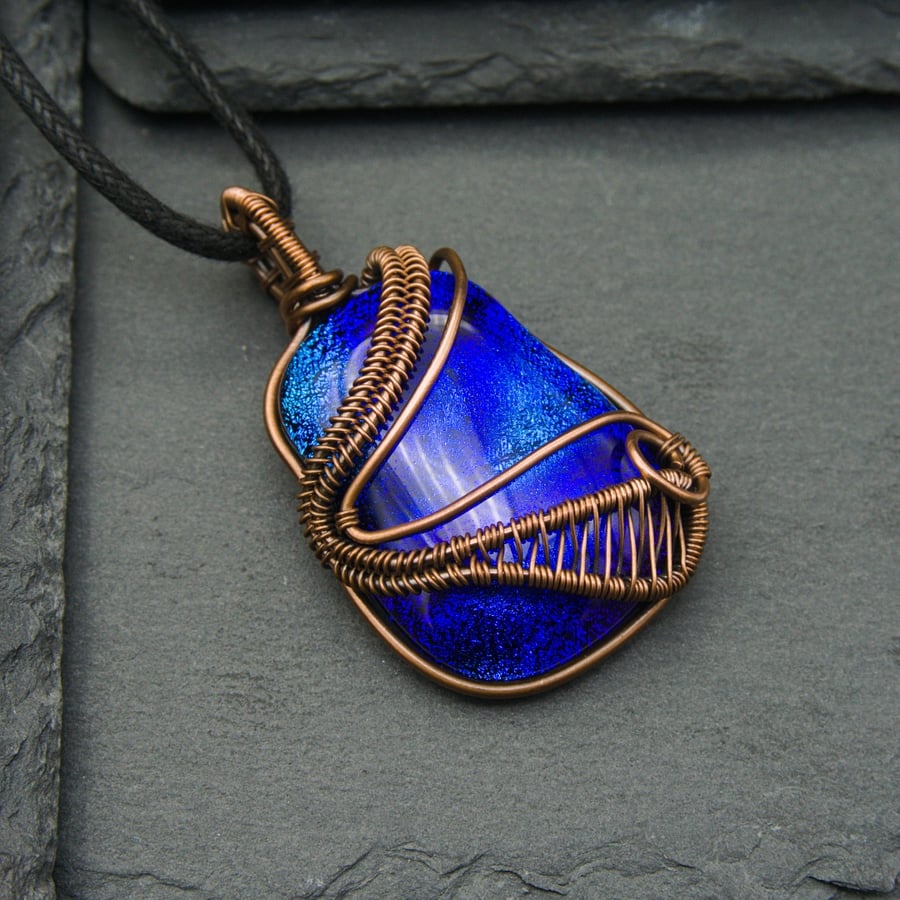 Copper Wire Wrapped Blue & Turquoise Dichroic Glass Pendant