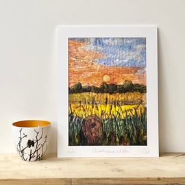 Sunset Landscape mounted textile art print of Yorkshire. 