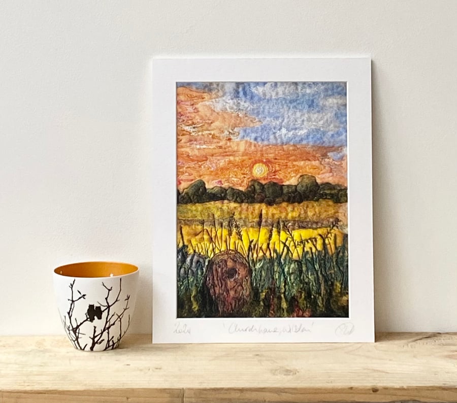 Sunset Landscape mounted textile art print of Yorkshire. 