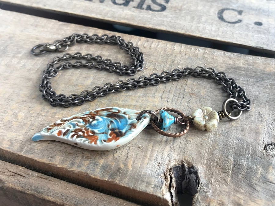 Handcrafted Ceramic Teardrop Pendant - Rustic Blue Cream & Brown Necklace 