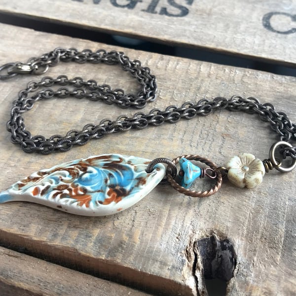 Artisan Ceramic Necklace. Blue Cream & Brown Teardrop Pendant. Unique Jewellery