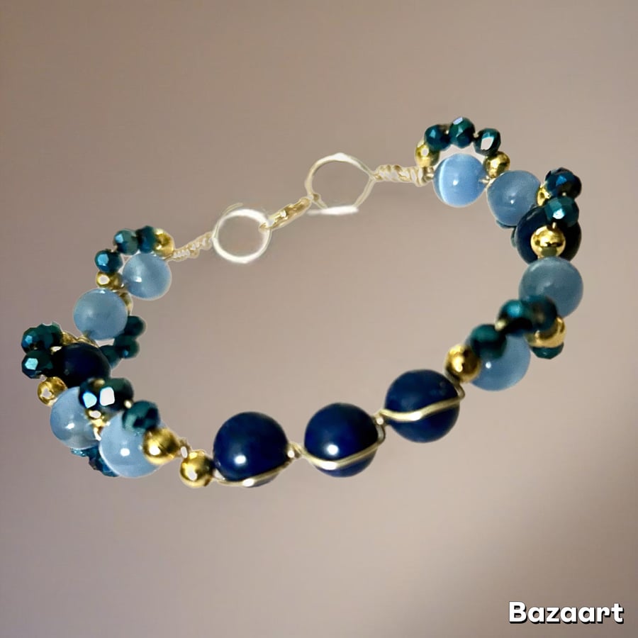 Bracelet, Semi Precious Navy Lapis Lazuli, Blue Cats Eyes & Gold Plate Beads