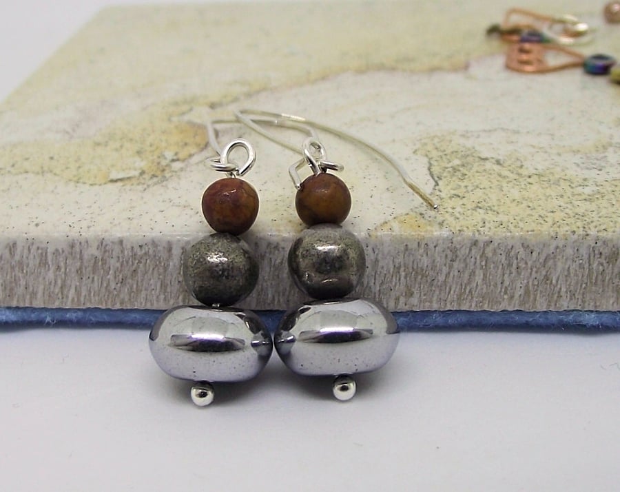 Silver haematite jasper pyrite earrings Sterling silver gemstone drop