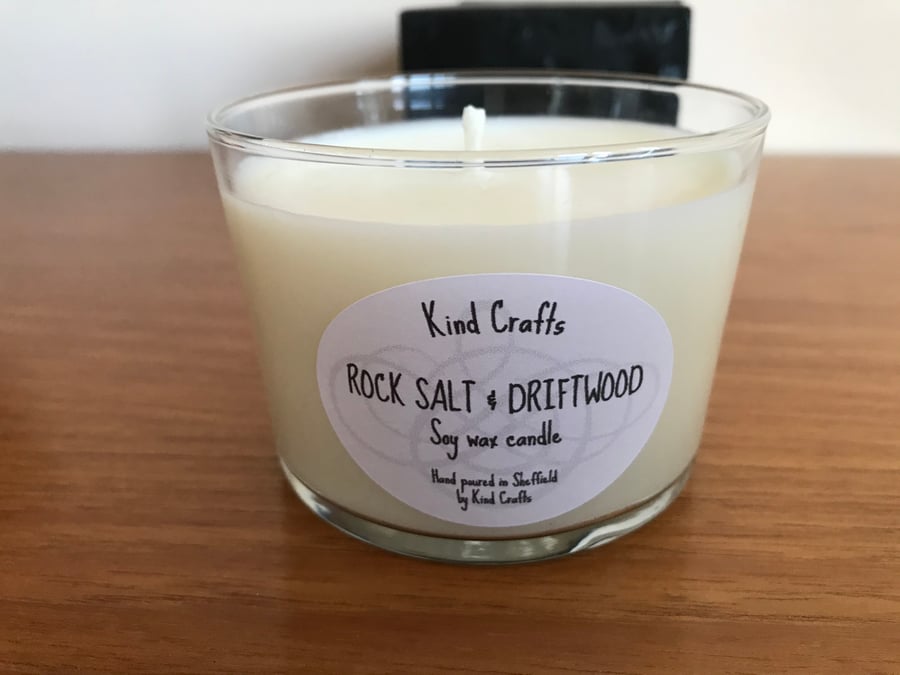 Soy wax candle, Rock Salt and Driftwood vegan friendly in a gift box. .