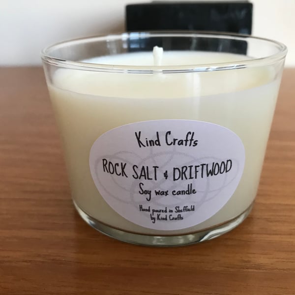 Soy wax candle, Rock Salt and Driftwood vegan friendly in a gift box. .